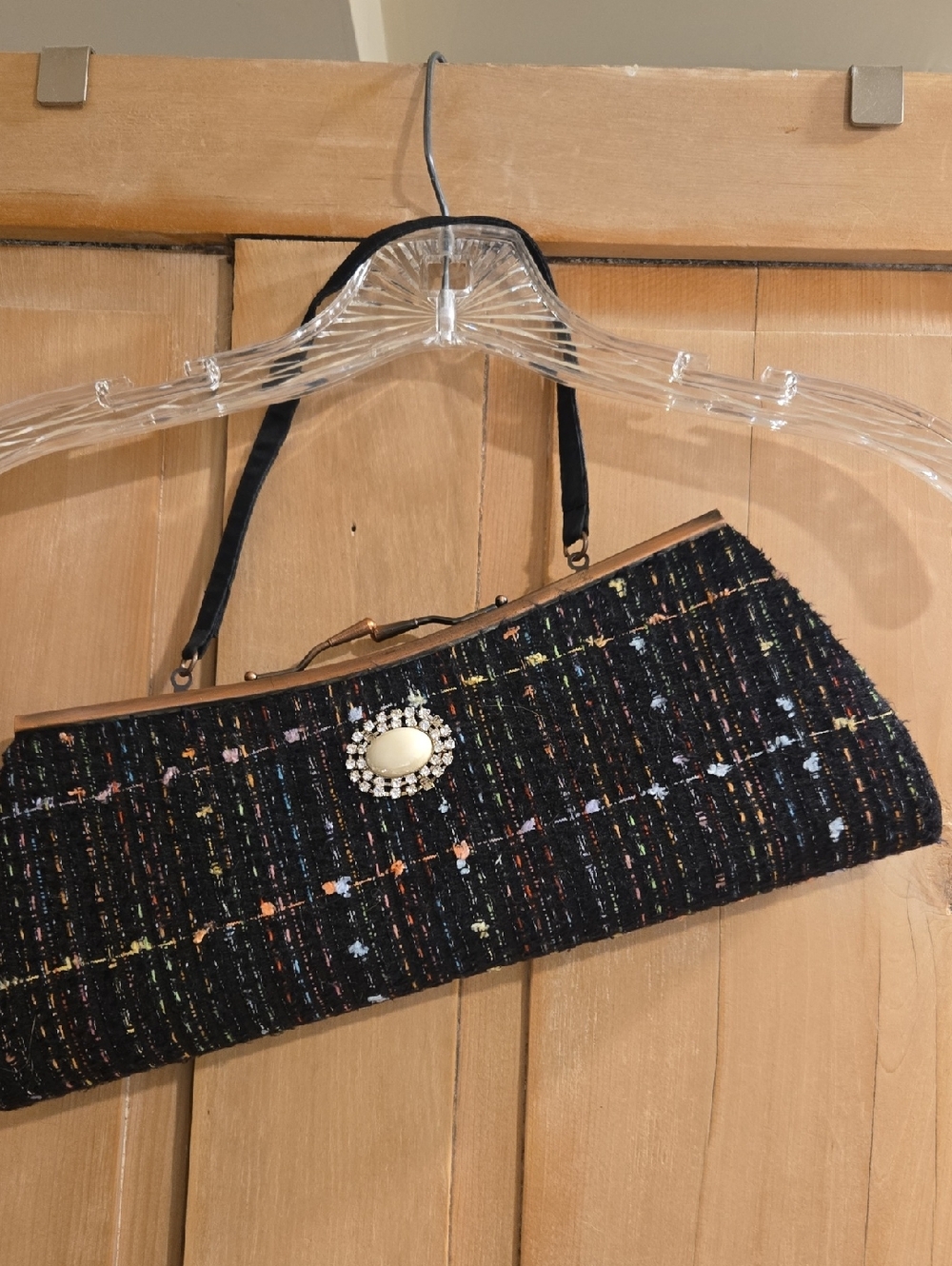 Classic Black Tweed Evening Clutch with Crystal Accent